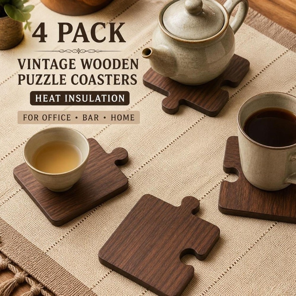 Woodworking Game - 4개입 빈티지 나무 컵받침 세트, 내열성